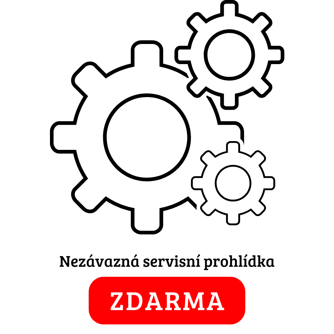 Grafika tří propojených ozubených kol s textem 'Nezávazná servisní prohlídka' a slovem 'ZDARMA' v červeném pruhu pod nimi.